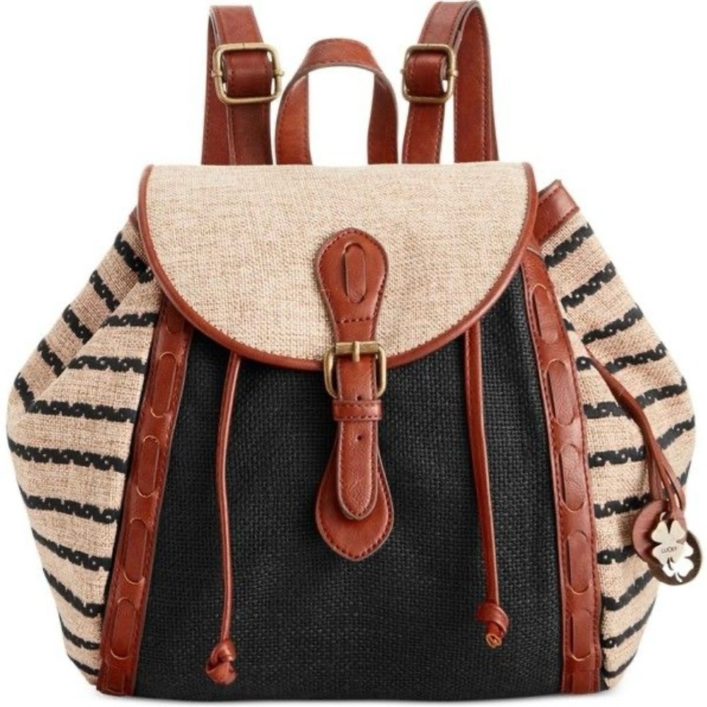 Lucky Brand The Kendall Striped Woven Drawstring Backpack Purse Linen Bag